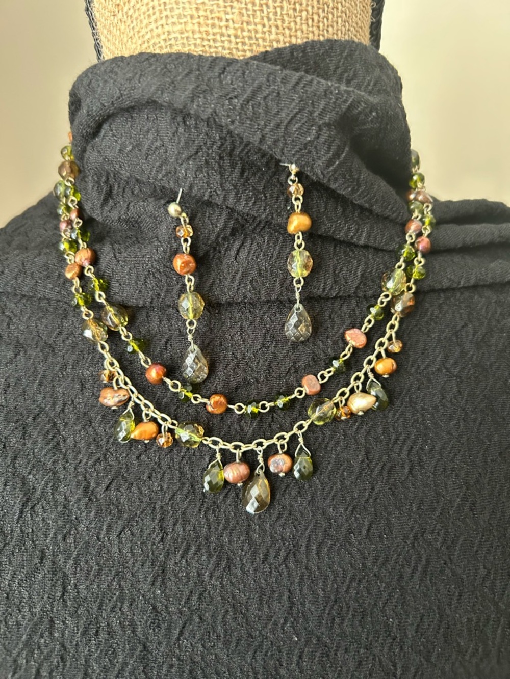 Handcrafted Olive Green and Brown Beaded Necklace & Earring Set